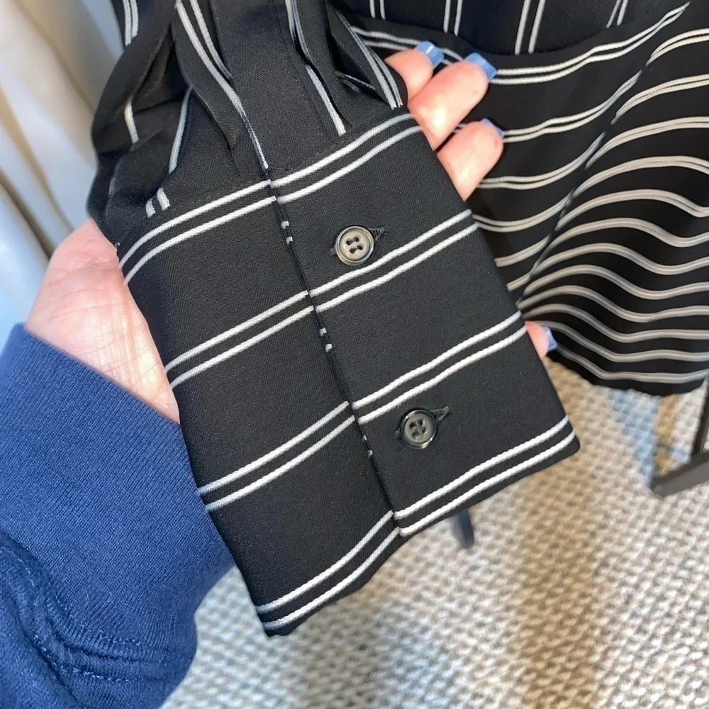 Cremieux size Small EUC White Black Pinstriped Collard Shirt Long Sleeve Dress